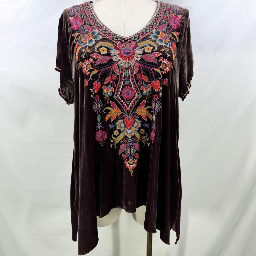 Johnny Was Silk Velvet Embroidered Tunic Top Brown Floral Luxe Boho Folk  XL